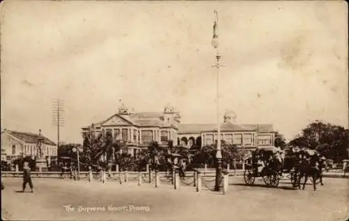 Ak Penang Malaysia, Das Oberste Gericht, Pferdekutschen, Bäume, historische Architektur