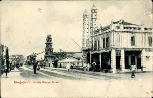 Ak Singapore Singapur , Südlicher Brückenweg, historische Stadtansicht, alte Gebäude, Menschen