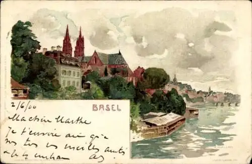 Ak Basel Stadt Schweiz, Stadtansicht  Fluss, Gebäude, hohe Türme, Wolken, Postkarte