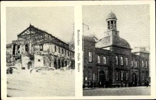 Ak Rotterdam Südholland Niederlande, Bilder von  Oude Beurs, zerstörtes Gebäude, historische A...
