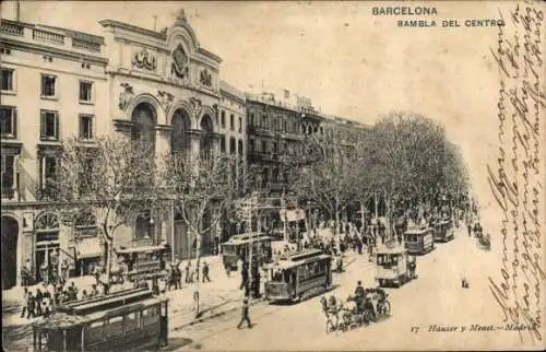 Ak Barcelona Katalonien Spanien, Plaza de Cataluña, Plaça de Catalunya, Altstadt, Straßenbahn,...