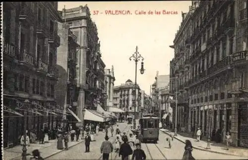 Ak Valencia Stadt Spanien, Calle de las Barcas, Stadtansicht, Straßenbahn, Architektur