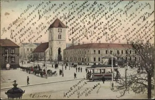 Ak Norwegen, Ortspartie, Apotheke, Straßenbahn