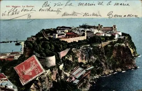 Ak Monaco, Luftaufnahme der Festung, grüne Landmasse, Küstenlinie,  Architektur