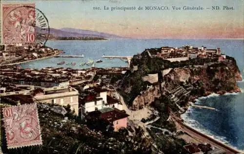 Ak Monaco, Landschaftsansicht von  Hafen, Stadt, Berge, Küste