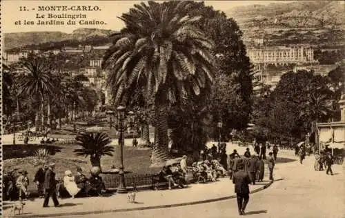 Ak Monte Carlo Monaco, Boulingrin, Jardins du Casino, Palmen, Spaziergänger, Architektur