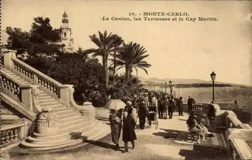 Ak Monte Carlo Monaco, Casino, Terrassen, Cap Martin, Küstenansicht, Palmalleen