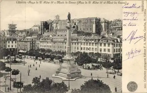 Ak Lisboa Lissabon Portugal, Platz D. Pedro IV, Denkmal,  Bauwerke, Ausblick auf die Stadt