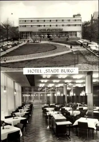 Ak Burg bei Magdeburg, Hotel Stadt  Moderne Architektur, Restaurantbereich, Oldtimer Fahrzeuge
