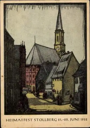 Ak Stollberg im Erzgebirge, Heimatfest  Kirche,  Gebäude, bunte Holzschnittdarstellung