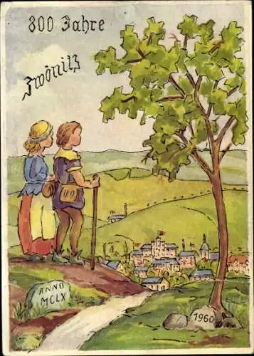 Ak Zwönitz im Erzgebirge Sachsen, 800 Jahre  Historische Szene, Kinder, Landschaft, Wanderer