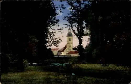 Ak Zittau in Sachsen, Durchblick von der Weinau, Kirche, Bäume, Wasser