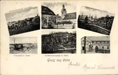Ak Ostro Panschwitz Kuckau Oberlausitz, Pfarrkirche, Gesammtansicht, Urnenfeld, Schwedenschanze