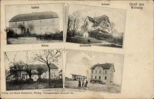 Ak Weißig Oßling in der Oberlausitz, Gasthof, Schloss, Schule, Steinwerke