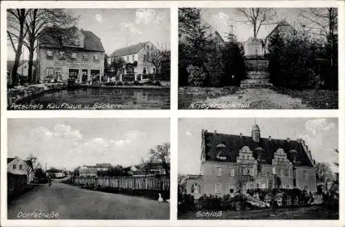 Ak Weißig Oßling in der Oberlausitz, Petschels Kaufhaus, Bäckerei, Kriegerdenkmal, Schloss, Dorfstr.