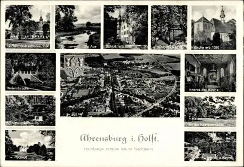 Ak Ahrensburg im Kreis Stormarn, Wappen, Fliegeraufnahme, Kirche, Schlossmühle, Schloss, Aue