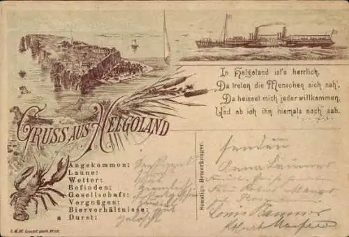 Litho Nordseeinsel Helgoland, Gesamtansicht, Dampfer, Hummer