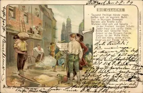 Litho Baustelle, Bauarbeiter, Leiter, Spaten, Gedicht Die Glocke