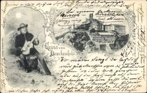 Passepartout Ak Königswinter am Rhein, Drachenfels, Mann mit Gitarre