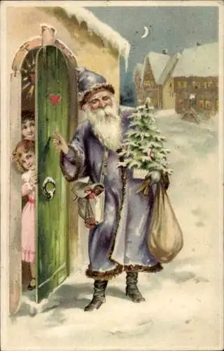 Litho Frohe Weihnachten, Weihnachtsmann klopft an der Tür, Tannenbaum, Geschenke, Kinder