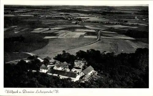 Ak Ludwigsruhe Langenburg in Württemberg, Gutshof, Wildpark, Domäne, Sieben Eichen, Fliegeraufnahme