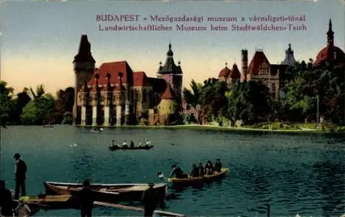 Ak Budapest Ungarn, Városliget, Stadtwäldchen, Teich, Landwirtschaftliches Museum, Boote