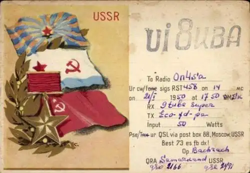 Ak Sowjetunion, Flaggen, QSL Funkerkarte Ui8KBA