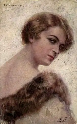 Künstler Ak Corbella, T., Portrait einer jungen Frau, Pelzkragen