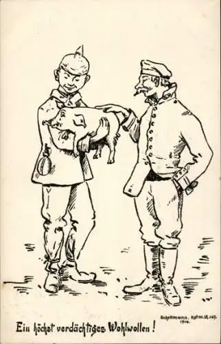 Künstler Ak Schellmann, Ein höchst verdächtiges Wohlwollen, Soldaten mit Schwein, 1. WK