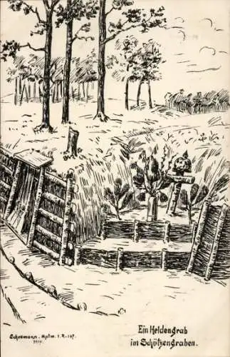 Künstler Ak Schellmann, Ein Heldengrab im Schützengraben