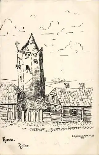 Künstler Ak Schellmann, Rawa Ukraine, Ruine, Kriegszerstörung 1. WK
