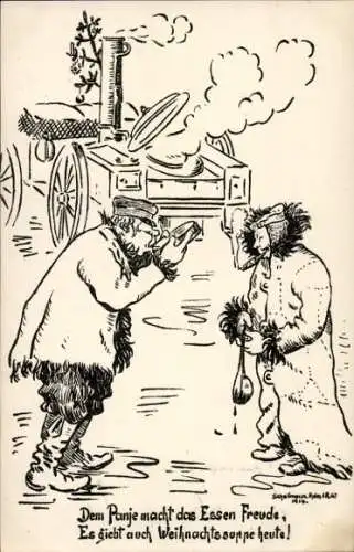 Künstler Ak Schellmann, Dem Panje macht das Essen Freude, Weihnachtssuppe, Feldküche, 1. WK