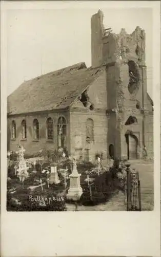 Foto Ak Poelkapelle Westflandern, Ruine der Kirche, Friedhof, Kriegszerstörung I. WK