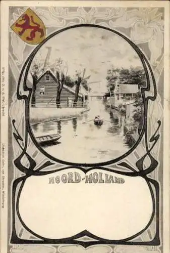 Jugendstil Passepartout Ak Nordholland, Dorfmotiv, Kanal, Wappen