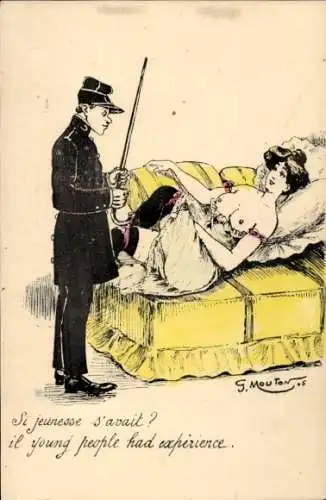 Künstler Ak Mouton, G., barbusige Frau auf einem Bett, Mann in Uniform, Spazierstock