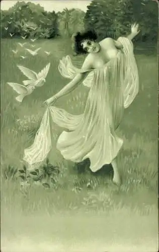 Litho Frau im tief ausgeschnittenen Kleid auf einer Wiese, weiße Tauben