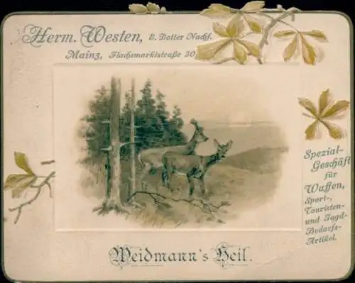 Passepartout Ak Weidmanns Heil, Rehe, Geschäft Herm. Westen, Waffen, Jagd-Bedarfs-Artikel, Mainz