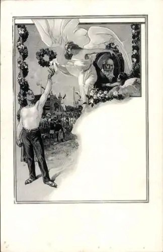 Künstler Ak Turner mit Siegerkranz, Turnvater Jahn, Turnfest, Festplatz
