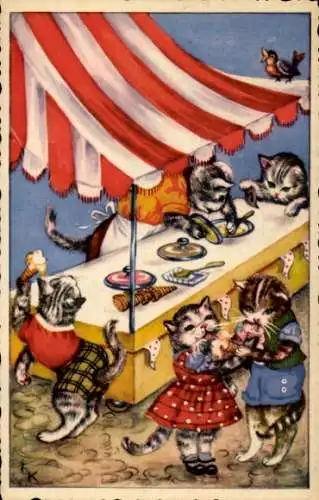 Künstler Ak Vermenschlichte Katzen, Eisverkäufer, Stand