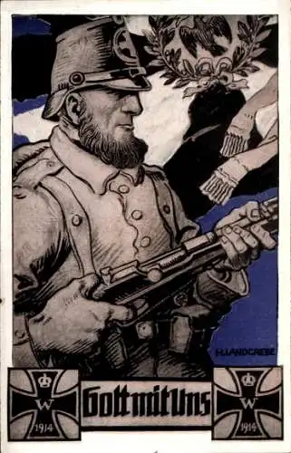 Künstler Ak Landgrebe, H., Gott mit uns, Eisernes Kreuz, Soldat in Uniform