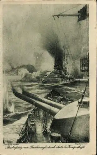 Künstler Ak Stöwer, Willy, Beschießung von Scarborough durch deutsche Kriegsschiffe, 1. WK