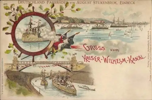 Litho Deutsche Kriegsschiffe, Kaiser Wilhelm Kanal, Hochbrücke, Flaggen