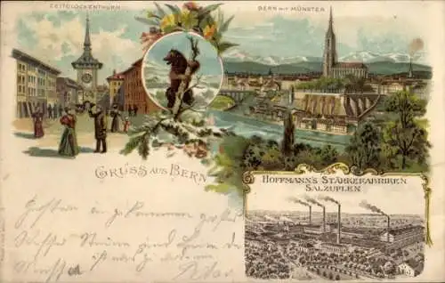 Litho Bern Stadt Schweiz, Zeitglockenturm, Panorama mit Münster, Hoffmanns Stärkefabriken Salzuflen