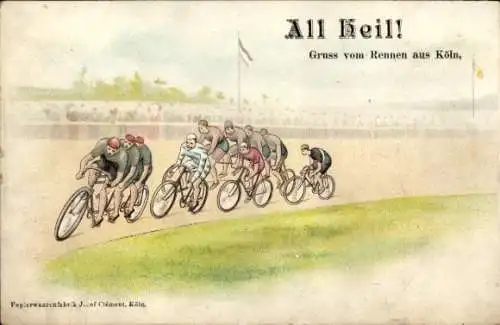 Litho Rennfahrer auf der Radrennbahn, All Heil,! Gruß vom Rennen aus Köln