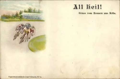 Litho Rennfahrer auf der Radrennbahn, All Heil, Gruß vom Rennen aus Köln