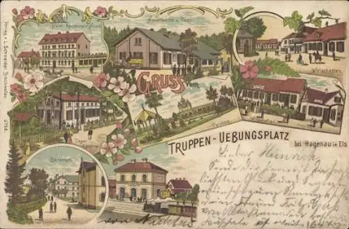 Litho Haguenau Hagenau im Elsass Bas Rhin, Truppenübungsplatz, Hauptwache, Post, Hotel, Bahnhof