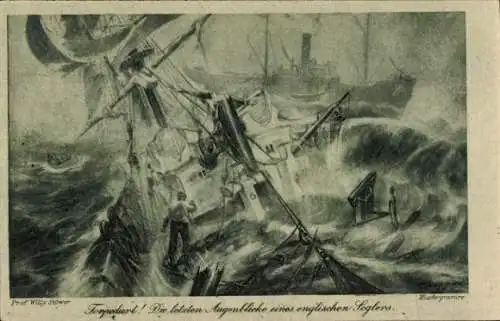 Künstler Ak Stöwer, Willy, torpedierter englischer Segler, Seeschlacht, 1. WK