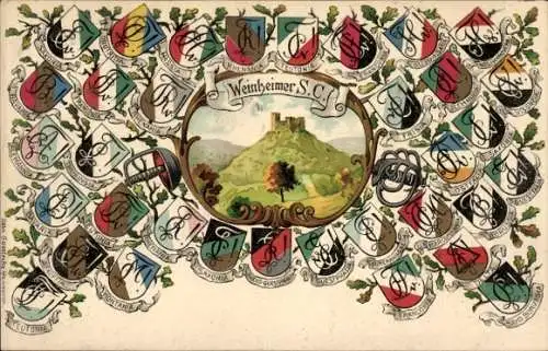 Studentika Ak Weinheimer SC WSC, Corpswappen Rhenania, Teutonia, Saxonia, Guestphalia, Franconia