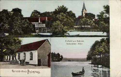 Ak Prieros in der Mark, Einfahrt zur Dubrow, Schmölde-See, Kirche
