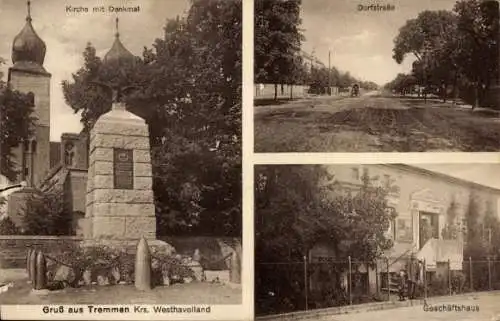 Ak Tremmen Ketzin an der Havel, Kirche, Denkmal, Geschäft, Dorfstraße